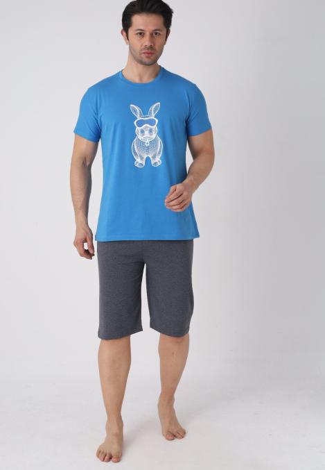 Pijama barbat cu maneca scurta si pantaloni 3/4, culoare albastru, Engros